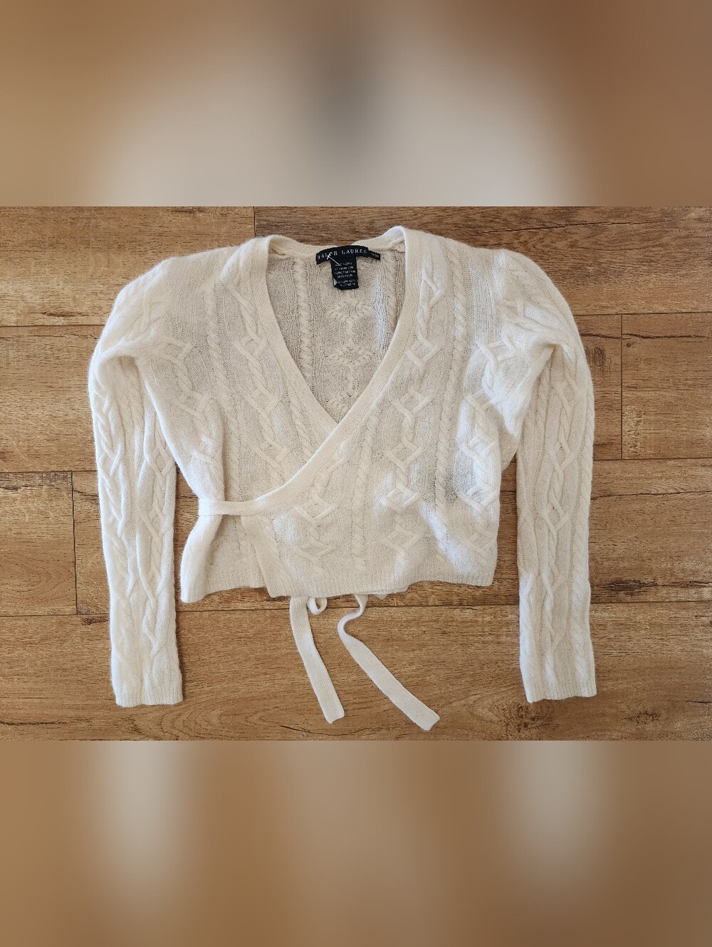SUPER RARE Ralph Lauren Blue Label 100% Cashmere Cable Knit Crop Wrap Cardigan S